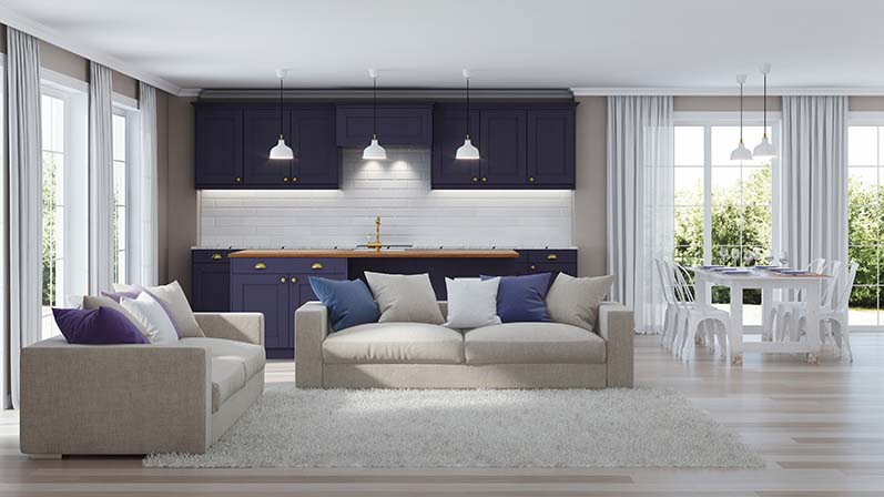 Modern Interior with dark purple kitchen, Color Psychology